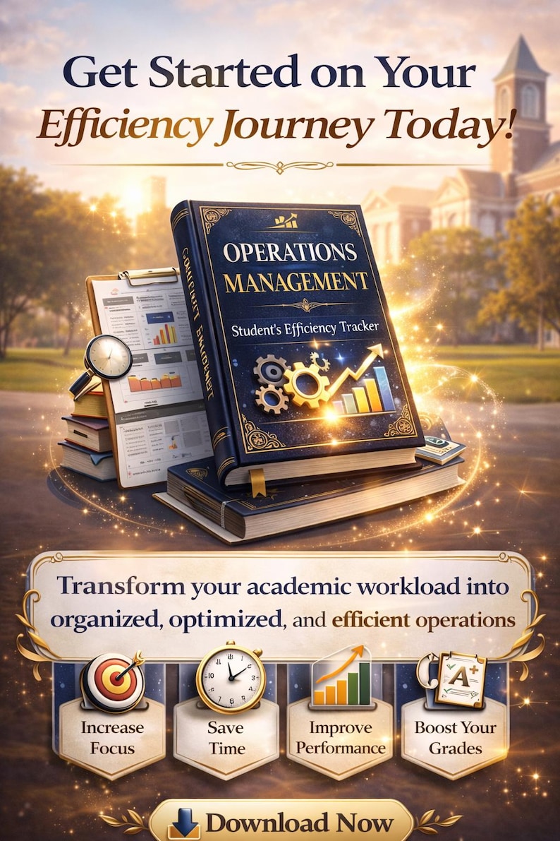 May include: An image promoting an efficiency tracker. The image features a stack of books, including one titled "Operations Management." Text includes "Get Started on Your Efficiency Journey Today!" and "Transform your academic workload." Icons for focus, time, performance, and grades are also shown.