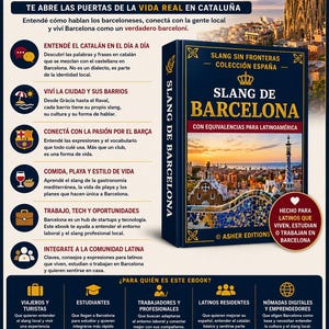 May include: E-book cover titled "El Slang de Barcelona" with a blue cover and gold lettering. The book promises to teach the local slang and culture of Barcelona, Spain. The cover features a cityscape.