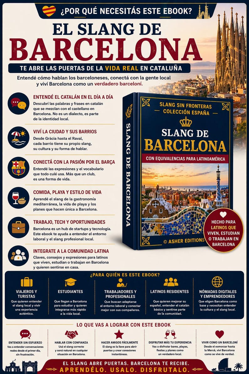 May include: E-book cover titled "El Slang de Barcelona" with a blue cover and gold lettering. The book promises to teach the local slang and culture of Barcelona, Spain. The cover features a cityscape.