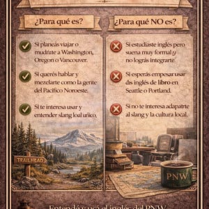 May include: A vintage-style infographic with text in Spanish, detailing the use of an eBook. The image features a mountain landscape, a Trailhead sign, and a coffee mug with "PNW" on it. The text discusses the eBook's purpose.