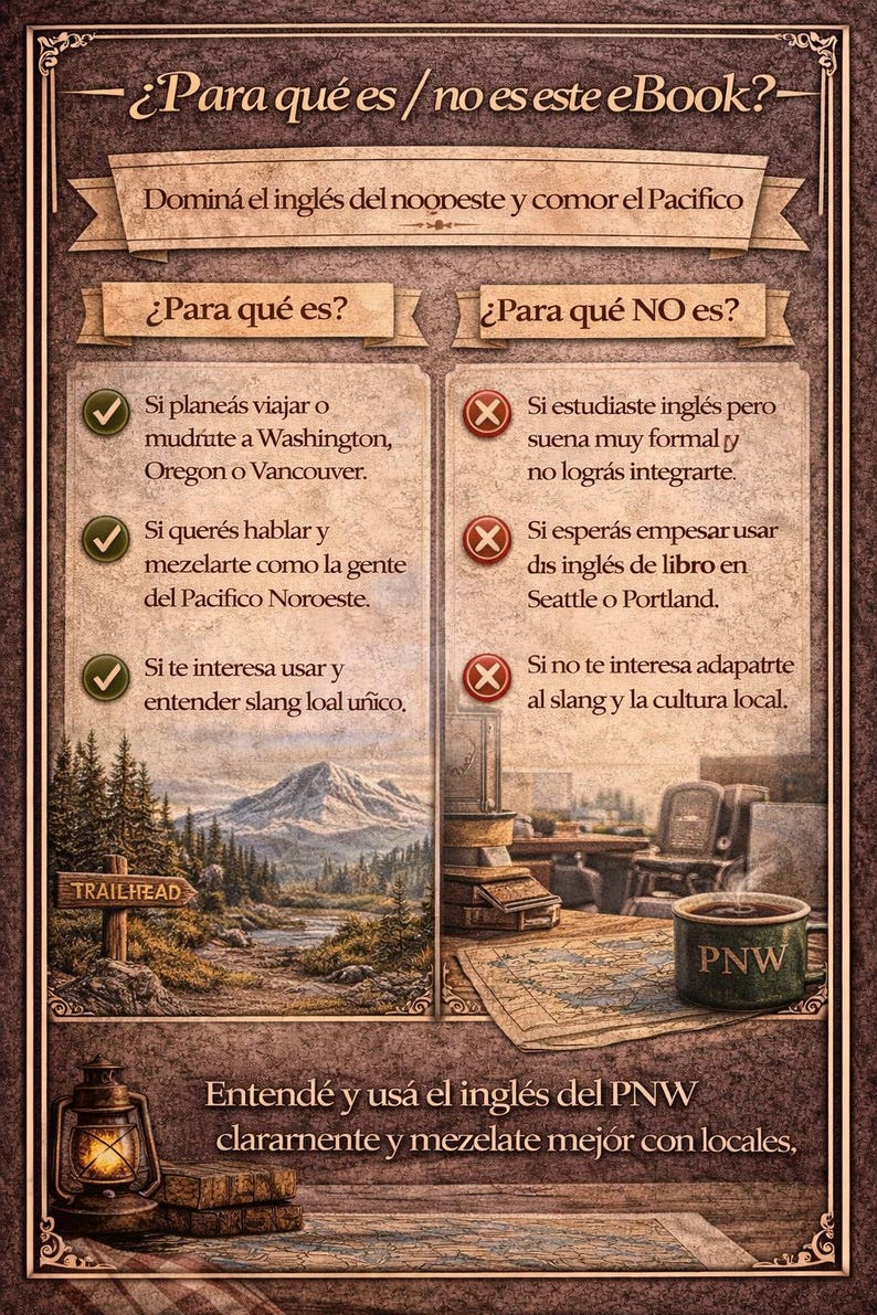 May include: A vintage-style infographic with text in Spanish, detailing the use of an eBook. The image features a mountain landscape, a Trailhead sign, and a coffee mug with "PNW" on it. The text discusses the eBook's purpose.