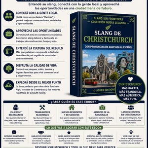 May include: A promotional image for an ebook titled "Slang de Christchurch" in Spanish. The cover features a cityscape and the text "Slang de Christchurch" with the tagline "Con pronunciaci&oacute;n adaptada al espa&ntilde;ol."