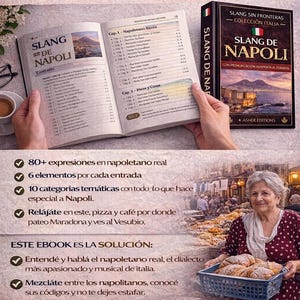 May include: Image of a book titled "Slang de Napoli" with a detailed index and practical design. The book is open, revealing content about Neapolitan slang. A woman is holding a basket of pastries.