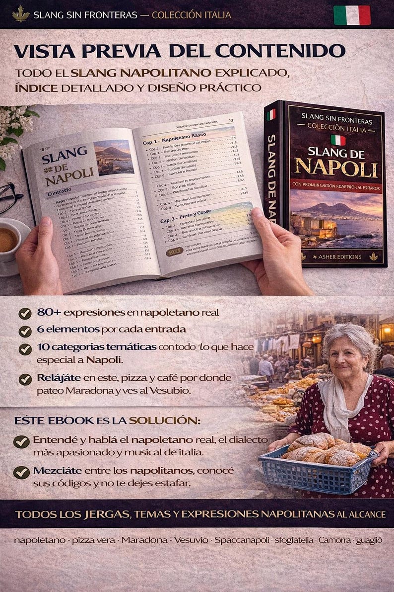 May include: Image of a book titled "Slang de Napoli" with a detailed index and practical design. The book is open, revealing content about Neapolitan slang. A woman is holding a basket of pastries.