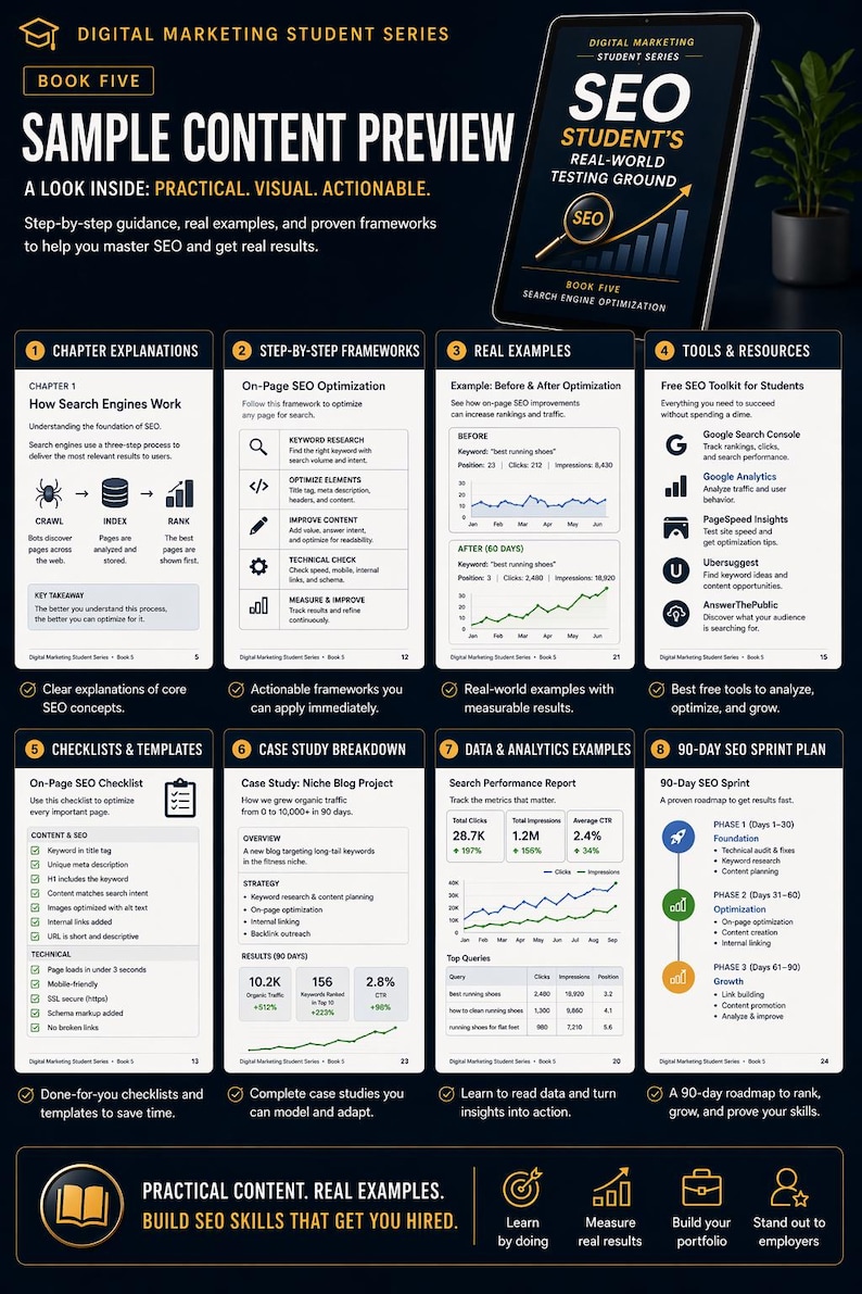 May include: A digital marketing student series book cover titled "Sample Content Preview" with the subtitle "SEO Student's Real-World Testing Ground." It includes actionable frameworks, real examples, and tools to master SEO.
