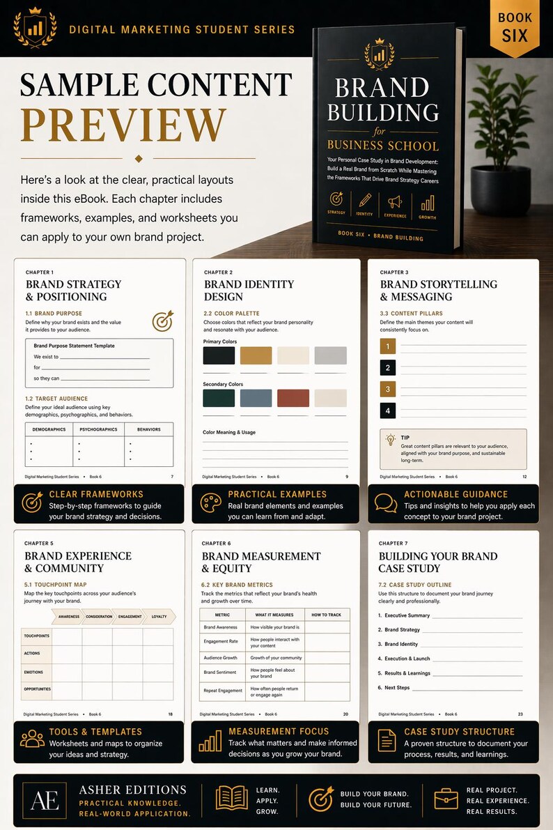 May include: A book titled "Brand Building for Business School" with a preview of its content. The preview includes chapters on brand strategy, identity, storytelling, and measurement. The book offers frameworks, examples, and worksheets for brand projects.