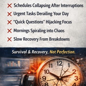 May include: Image promoting an eBook with text: "WHAT THIS eBook SOLVES." The image includes a clock, a phone, and text about time management challenges. The text reads "Survival & Recovery, Not Perfection."