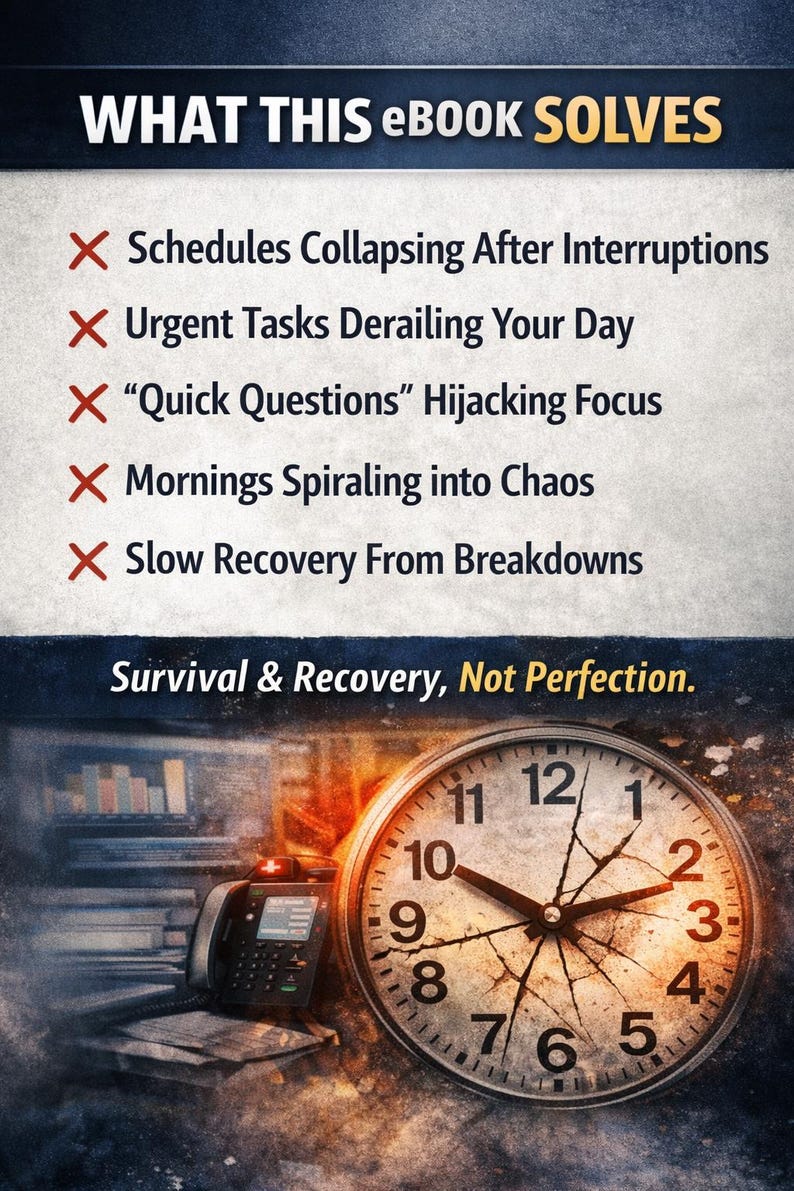May include: Image promoting an eBook with text: "WHAT THIS eBook SOLVES." The image includes a clock, a phone, and text about time management challenges. The text reads "Survival & Recovery, Not Perfection."