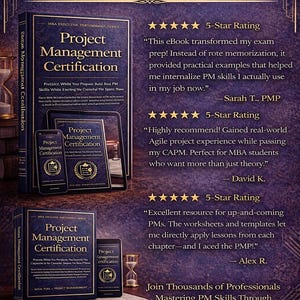May include: Image features a book, tablet, and smartphone displaying "Project Management Certification." The design includes gold accents and text, with reader testimonials and a call to action to join professionals mastering PM skills.