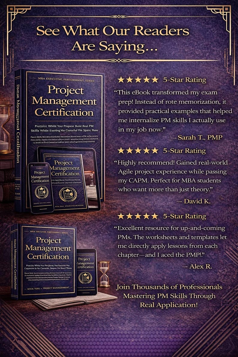 May include: Image features a book, tablet, and smartphone displaying "Project Management Certification." The design includes gold accents and text, with reader testimonials and a call to action to join professionals mastering PM skills.