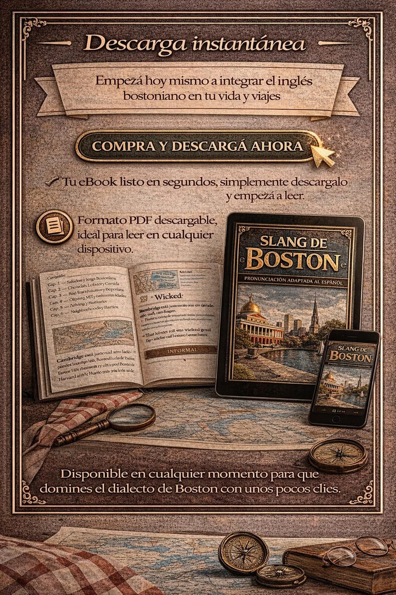 Pu&ograve; includere: Annuncio per un eBook sullo slang di Boston. L'immagine presenta un libro aperto, un tablet e uno smartphone, tutti che mostrano la copertina dell'eBook. Lo sfondo include una mappa, bussole e una lente d'ingrandimento.