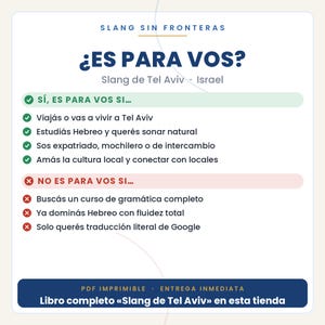 Op de afbeelding: Een witte informatieve afbeelding met donkerblauwe tekst getiteld Slang Sin Fronteras en Es Para Vos. Het bevat criteria voor het bestuderen van Tel Aviv slang met groene vinkjes voor ja en rode kruisjes voor nee, eindigend met een donkerblauwe balk.