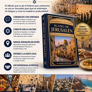 May include: A promotional image for a book titled "Slang de Jerusal&eacute;n" (Jerusalem Slang) with a blue cover. The image includes text in Spanish about learning Hebrew slang for travelers, with images of Jerusalem and its culture.