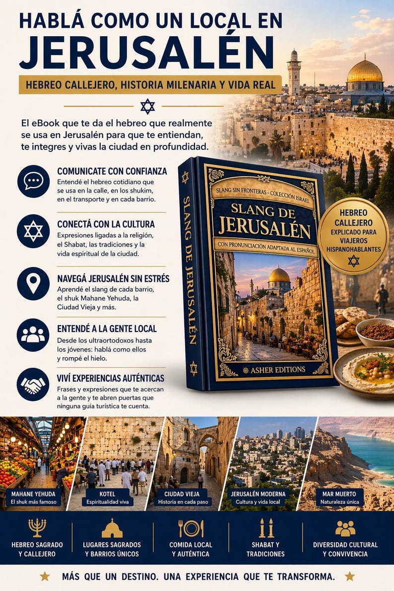 May include: A promotional image for a book titled "Slang de Jerusal&eacute;n" (Jerusalem Slang) with a blue cover. The image includes text in Spanish about learning Hebrew slang for travelers, with images of Jerusalem and its culture.