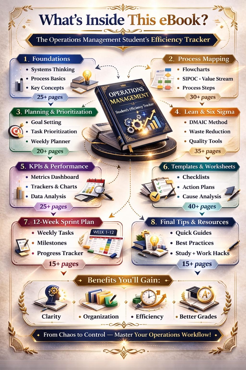 May include: An ebook cover titled "Operations Management Student's Efficiency Tracker" with a dark blue book in the center. The ebook outlines topics like Foundations, Planning, KPIs, and a 12-week plan. Benefits include clarity, organization, and better grades.
