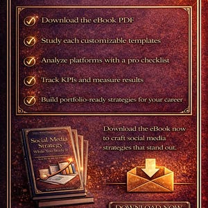 May include: A promotional image with a burgundy background and gold accents. The text reads "Ready to Master Social Media Strategy?" and lists steps to learn. A stack of books titled "Social Media Strategy" is shown, along with a download button.