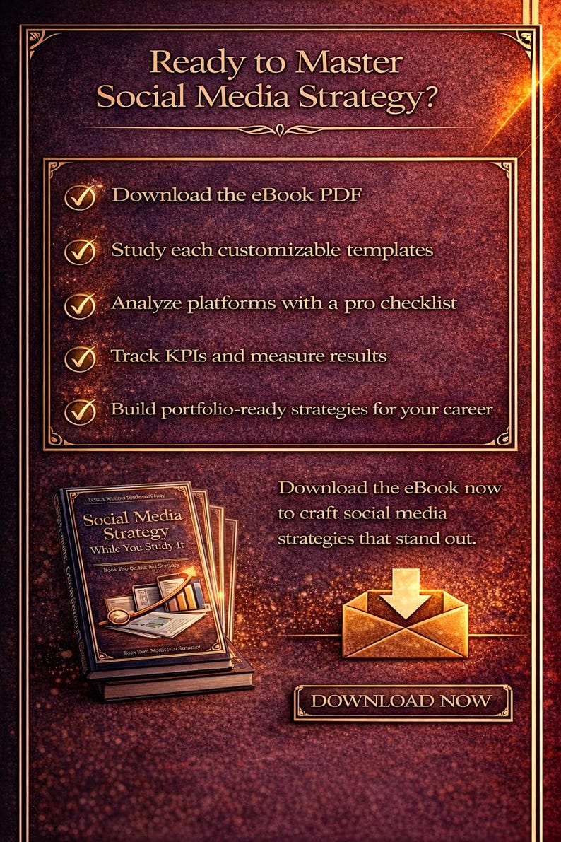 May include: A promotional image with a burgundy background and gold accents. The text reads "Ready to Master Social Media Strategy?" and lists steps to learn. A stack of books titled "Social Media Strategy" is shown, along with a download button.