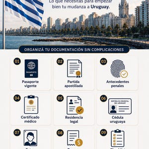 Peut inclure: Image avec du texte en espagnol sur les visas, la r&eacute;sidence et les documents uruguayens. Comprend un drapeau uruguayen, un paysage urbain et des ic&ocirc;nes repr&eacute;sentant les documents requis, tels qu'un passeport et un acte de naissance.
