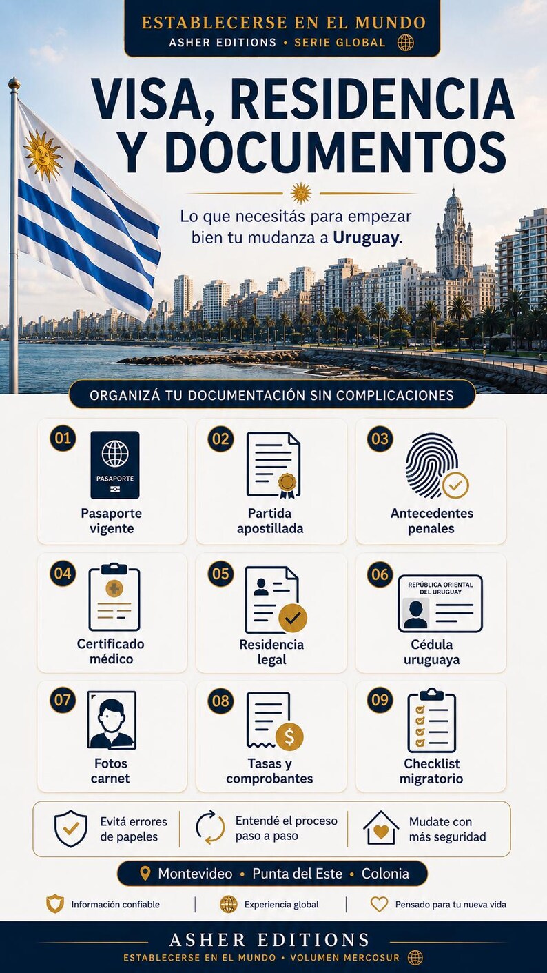 Peut inclure: Image avec du texte en espagnol sur les visas, la r&eacute;sidence et les documents uruguayens. Comprend un drapeau uruguayen, un paysage urbain et des ic&ocirc;nes repr&eacute;sentant les documents requis, tels qu'un passeport et un acte de naissance.
