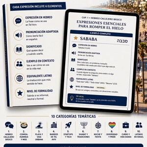May include: An ebook cover and a tablet screen displaying Hebrew language learning content. The ebook cover features the title "Mir&aacute; Adentro Del Ebook" and the tablet shows a lesson on essential expressions. The image includes text and icons.