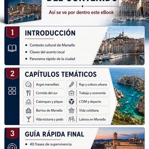 May include: An ebook cover titled "Slang de Marsella" with a cityscape background. The preview shows the table of contents, including sections on culture, accent, and a quick guide with survival phrases. The book is designed for Spanish speakers.