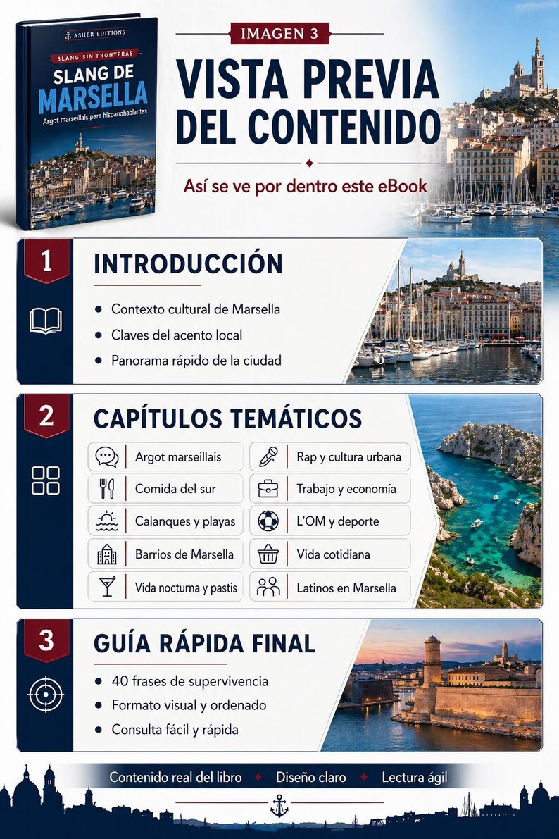 May include: An ebook cover titled "Slang de Marsella" with a cityscape background. The preview shows the table of contents, including sections on culture, accent, and a quick guide with survival phrases. The book is designed for Spanish speakers.