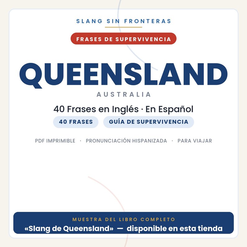 May include: A digital graphic titled SLANG SIN FRONTERAS FRASES DE SUPERVIVENCIA featuring the text QUEENSLAND AUSTRALIA, 40 Frases en Ingl&eacute;s &middot; En Espa&ntilde;ol, 40 FRASES, GU&Iacute;A DE SUPERVIVENCIA, PDF IMPRIMIBLE, PRONUNCIACI&Oacute;N HISPANIZADA, PARA VIAJAR.