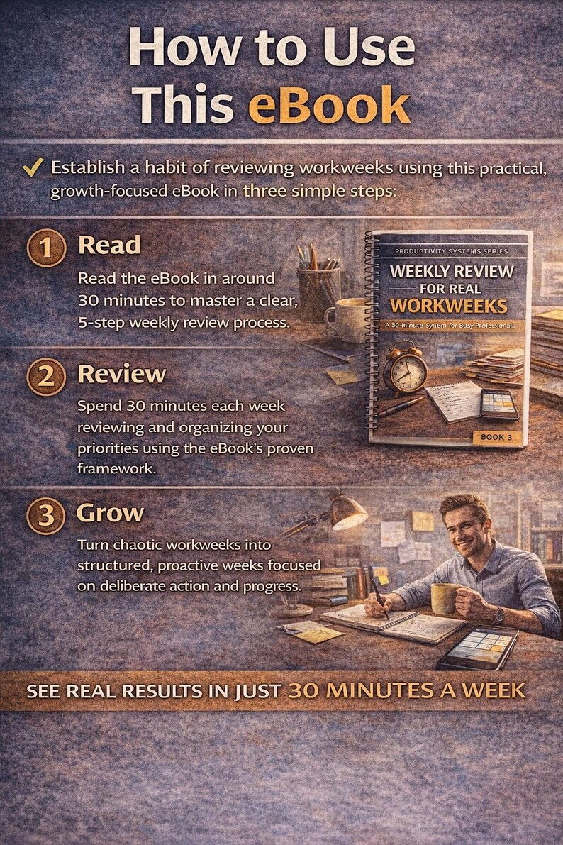 May include: Image promoting an eBook titled "Weekly Review for Real Workweeks." The graphic details a 3-step process: Read, Review, and Grow. A person is shown writing at a desk with a cup of coffee. The text says "See real results in just 30 minutes a week."