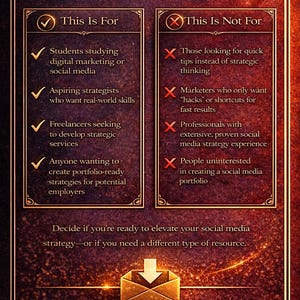 May include: A digital marketing and social media eBook guide with a gold and burgundy color scheme. The text includes "Who This Is For / Not For" with lists of ideal and non-ideal users. An envelope graphic with a downward arrow is at the bottom.