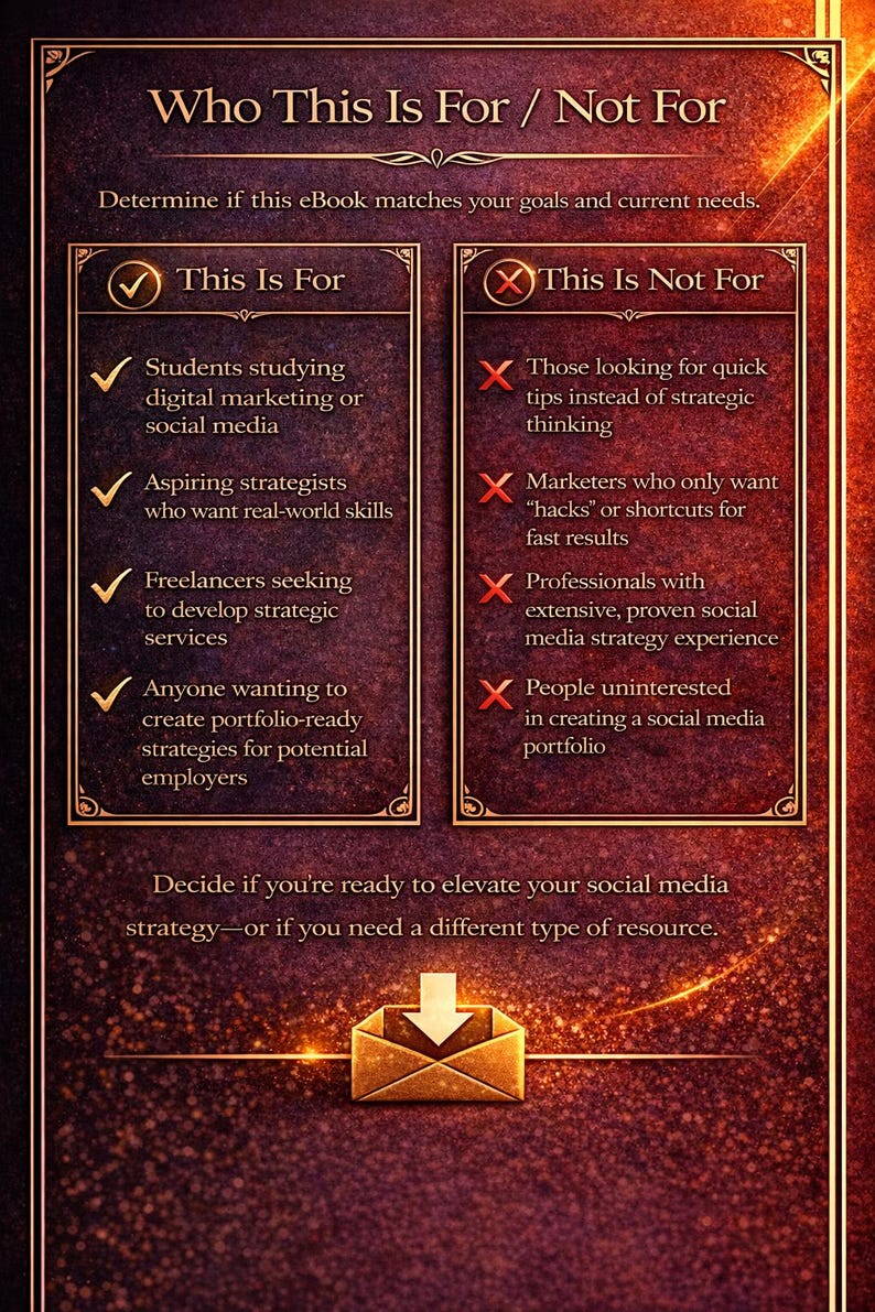 May include: A digital marketing and social media eBook guide with a gold and burgundy color scheme. The text includes "Who This Is For / Not For" with lists of ideal and non-ideal users. An envelope graphic with a downward arrow is at the bottom.