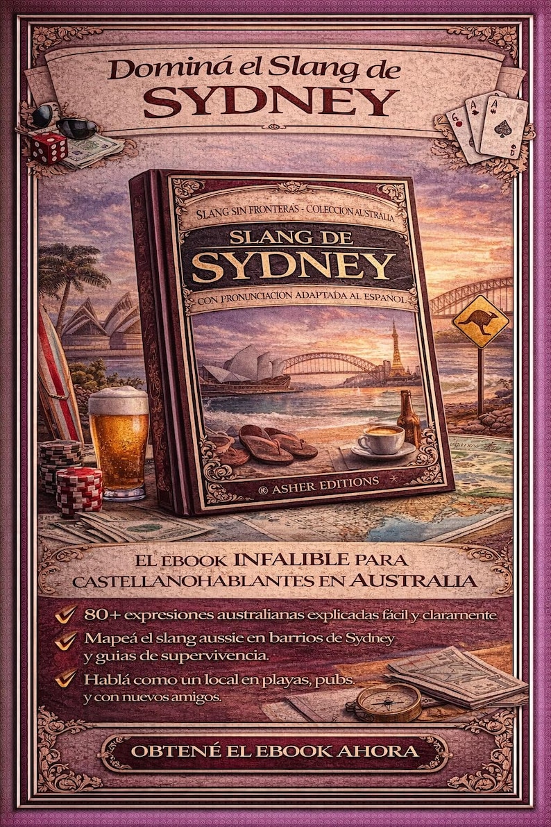 Puede incluir: Portada de libro ilustrada "Slang de Sydney" con la &Oacute;pera de S&iacute;dney y el puente del puerto de fondo. La portada tambi&eacute;n presenta un vaso de cerveza, naipes y el texto "Domina el Slang de Sydney".