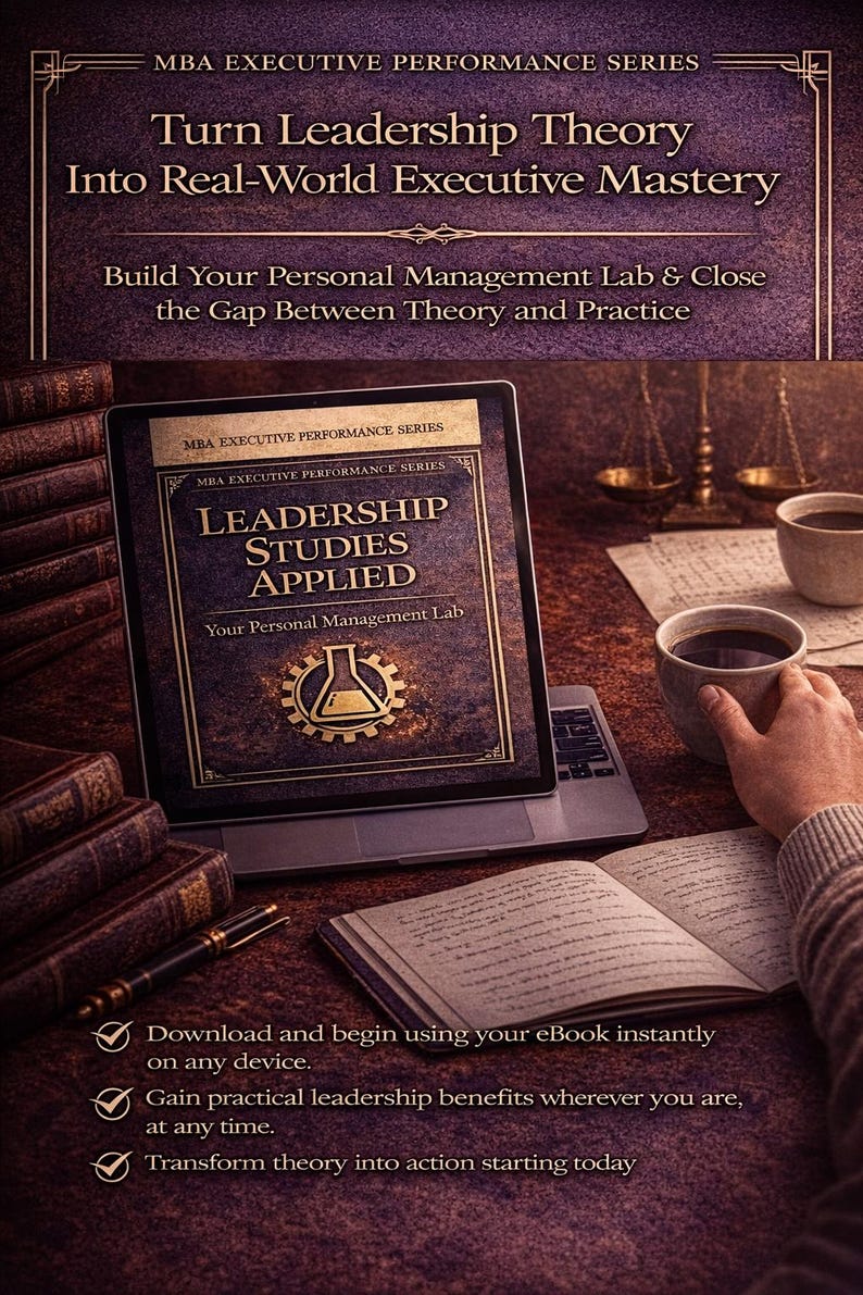 Puede incluir: Un port&aacute;til abierto muestra la portada de un libro electr&oacute;nico titulado "Leadership Studies Applied". La imagen incluye tazas de caf&eacute;, libros y el texto: "Turn Leadership Theory Into Real-World Executive Mastery."
