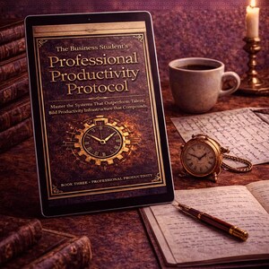 Puede incluir: Una tableta digital muestra la portada del libro "The Business Student's Professional Productivity Protocol". La imagen incluye una taza de caf&eacute;, un reloj antiguo, un bol&iacute;grafo y una vela encendida. El texto dice "Descarga instant&aacute;nea" y "Accesible en cualquier dispositivo".