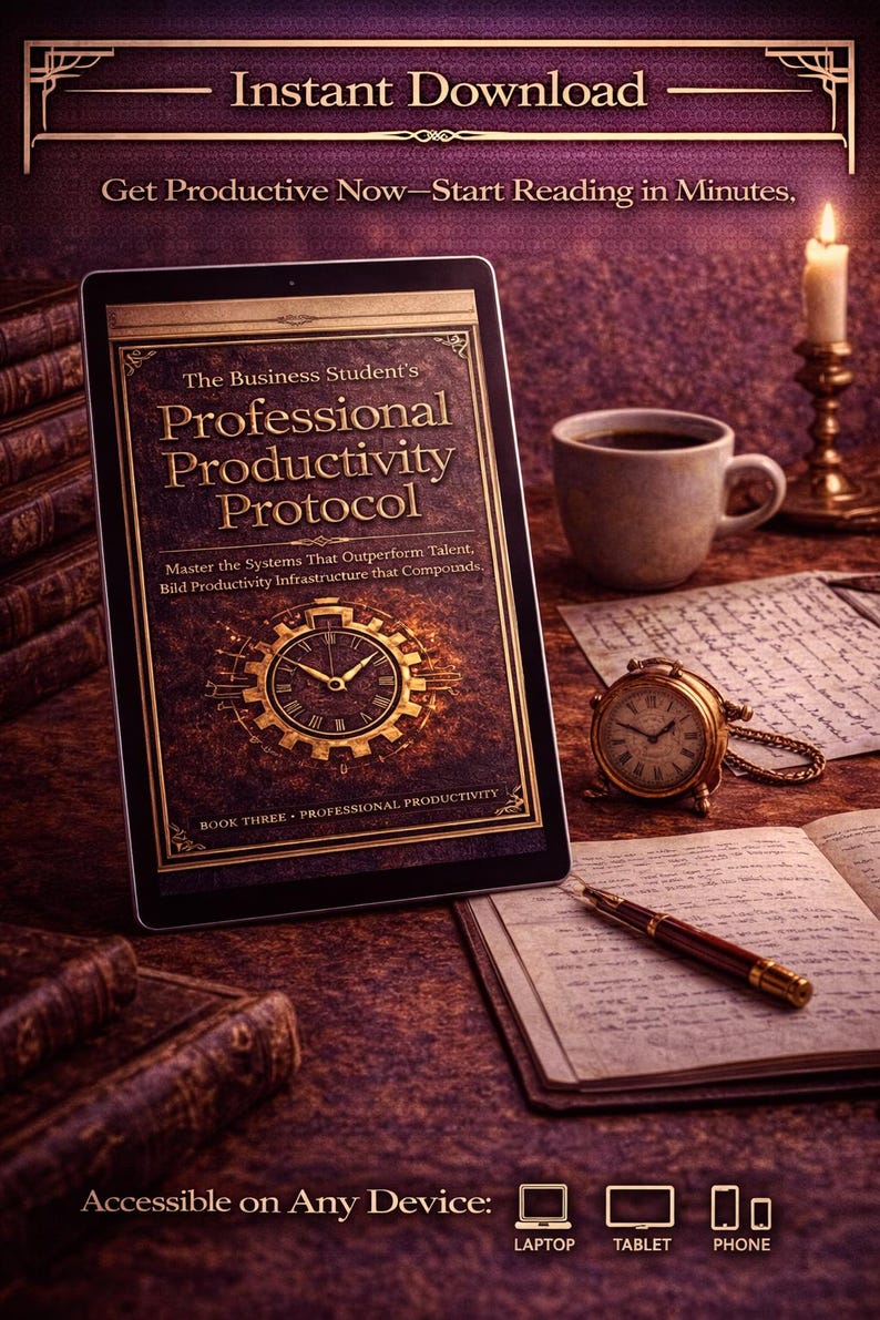 Puede incluir: Una tableta digital muestra la portada del libro "The Business Student's Professional Productivity Protocol". La imagen incluye una taza de caf&eacute;, un reloj antiguo, un bol&iacute;grafo y una vela encendida. El texto dice "Descarga instant&aacute;nea" y "Accesible en cualquier dispositivo".