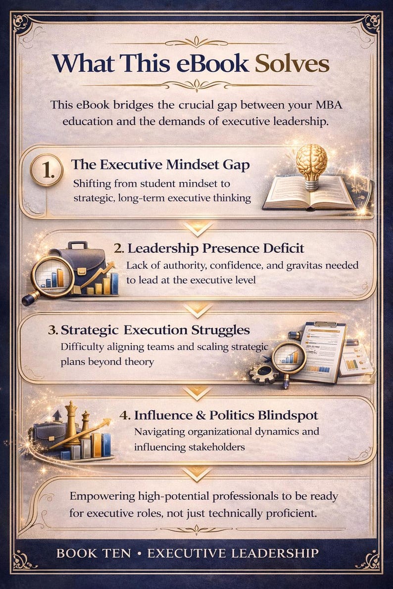 May include: An ebook cover with a dark blue and gold design. The title "What This eBook Solves" is at the top. The cover lists four key areas: The Executive Mindset Gap, Leadership Presence Deficit, Strategic Execution Struggles, and Influence & Politics Blindspot.