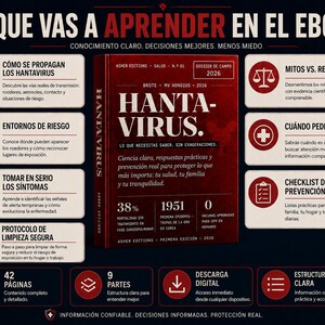 Puede incluir: Una portada de ebook azul marino oscuro titulada "HANTA-VIRUS" con texto rojo y blanco. La portada incluye informaci&oacute;n sobre el virus, la prevenci&oacute;n y las medidas de seguridad. Cuadros de texto adicionales brindan detalles sobre s&iacute;ntomas, entornos de riesgo y protocolos de limpieza.