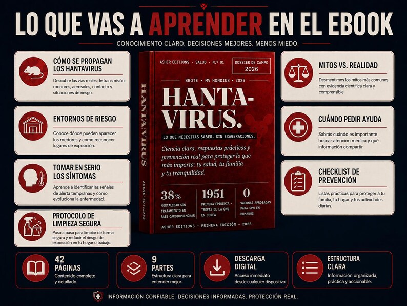 Puede incluir: Una portada de ebook azul marino oscuro titulada "HANTA-VIRUS" con texto rojo y blanco. La portada incluye informaci&oacute;n sobre el virus, la prevenci&oacute;n y las medidas de seguridad. Cuadros de texto adicionales brindan detalles sobre s&iacute;ntomas, entornos de riesgo y protocolos de limpieza.
