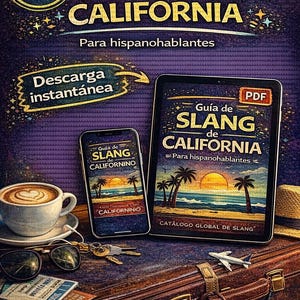 May include: Digital guide titled "Gu&iacute;a de SLANG de CALIFORNIA" for Spanish speakers, displayed on a tablet and smartphone. The image includes a coffee cup, sunglasses, keys, a suitcase, and a miniature airplane.