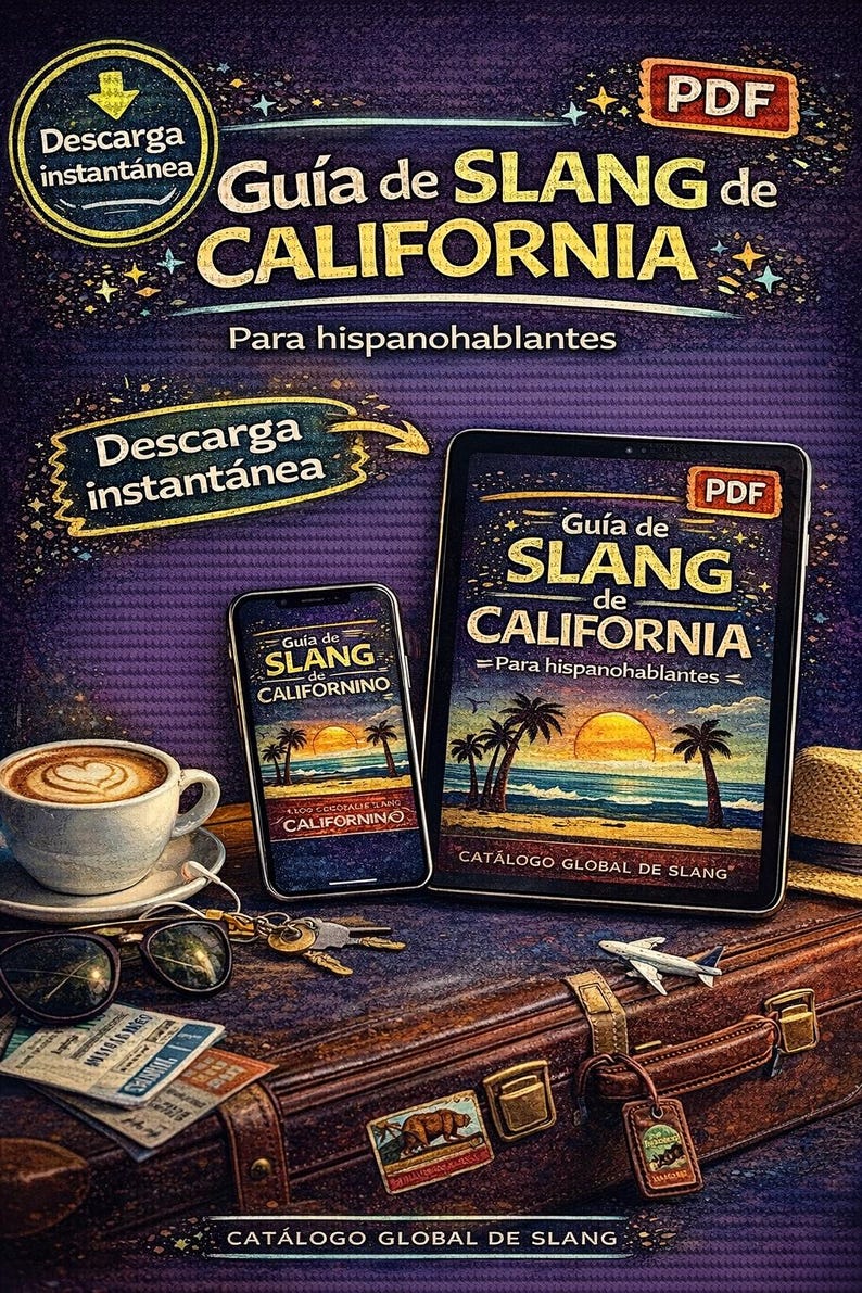 May include: Digital guide titled "Gu&iacute;a de SLANG de CALIFORNIA" for Spanish speakers, displayed on a tablet and smartphone. The image includes a coffee cup, sunglasses, keys, a suitcase, and a miniature airplane.