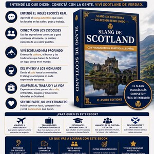 以下が含まれることがあります： 城の画像が表紙にある「Slang de Scotland」というタイトルの濃い青色の本。この本は「Slang Sin Fronteras」コレクションの一部です。画像には、スコットランドのスラングを学ぶ方法を説明するスペイン語のテキストも含まれています。