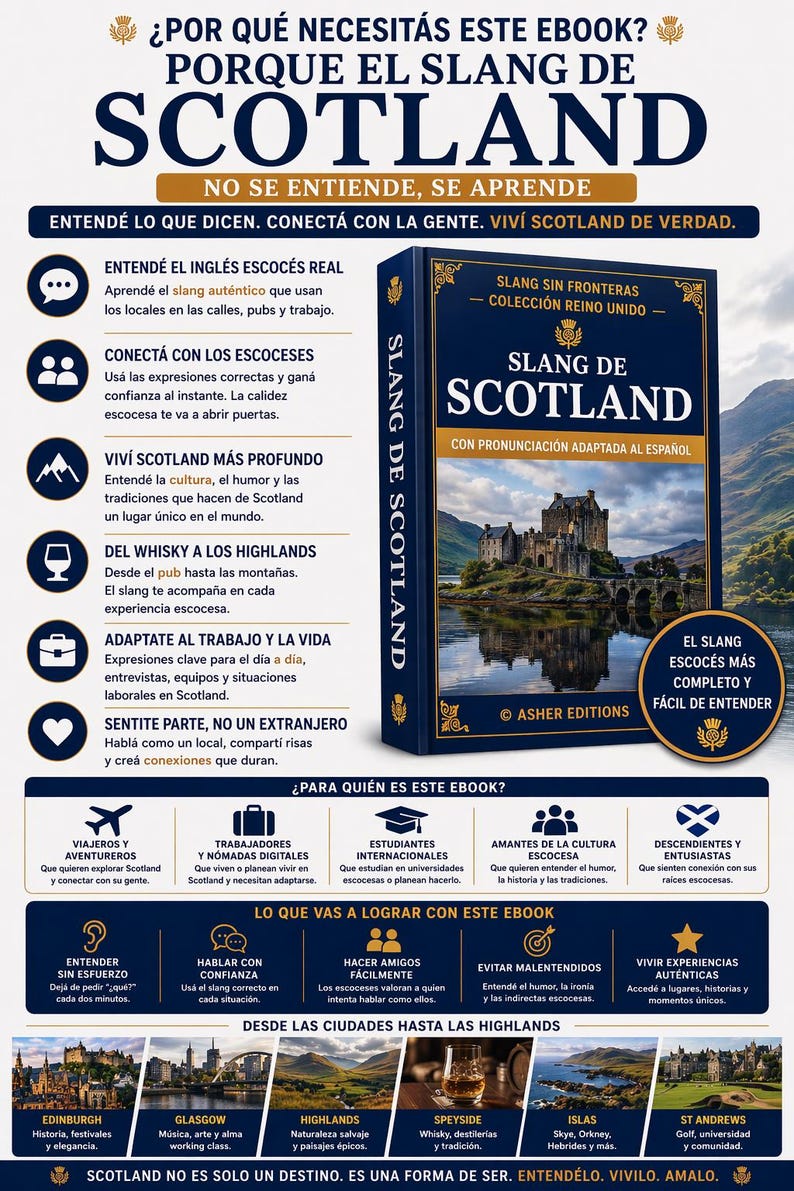 以下が含まれることがあります： 城の画像が表紙にある「Slang de Scotland」というタイトルの濃い青色の本。この本は「Slang Sin Fronteras」コレクションの一部です。画像には、スコットランドのスラングを学ぶ方法を説明するスペイン語のテキストも含まれています。