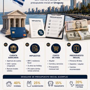 Peut inclure: Graphique informatif en espagnol sur les banques, les imp&ocirc;ts et le co&ucirc;t de la vie en Uruguay. Comprend des images d'une banque, de cartes de cr&eacute;dit, d'argent et de graphiques. Le drapeau uruguayen est en arri&egrave;re-plan.