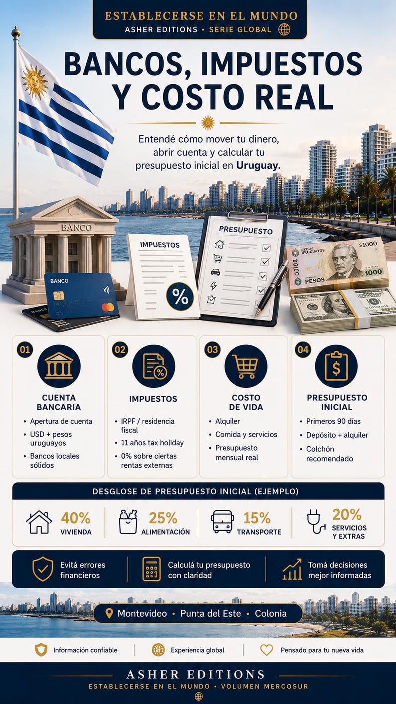 Peut inclure: Graphique informatif en espagnol sur les banques, les imp&ocirc;ts et le co&ucirc;t de la vie en Uruguay. Comprend des images d'une banque, de cartes de cr&eacute;dit, d'argent et de graphiques. Le drapeau uruguayen est en arri&egrave;re-plan.