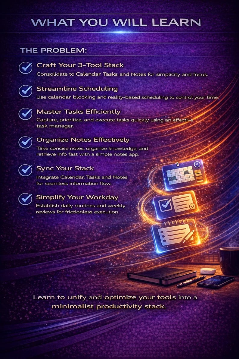 May include: A digital graphic with the text "WHAT YOU WILL LEARN" and bullet points detailing productivity strategies. The image includes icons representing calendars, notes, and task management, with a dark purple and orange color scheme.