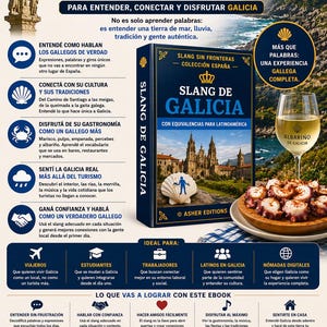 May include: An ebook cover titled "El Slang de Galicia" with a blue and gold design. It features a book, a glass of wine, and a plate of octopus. The text promotes understanding Galician culture.