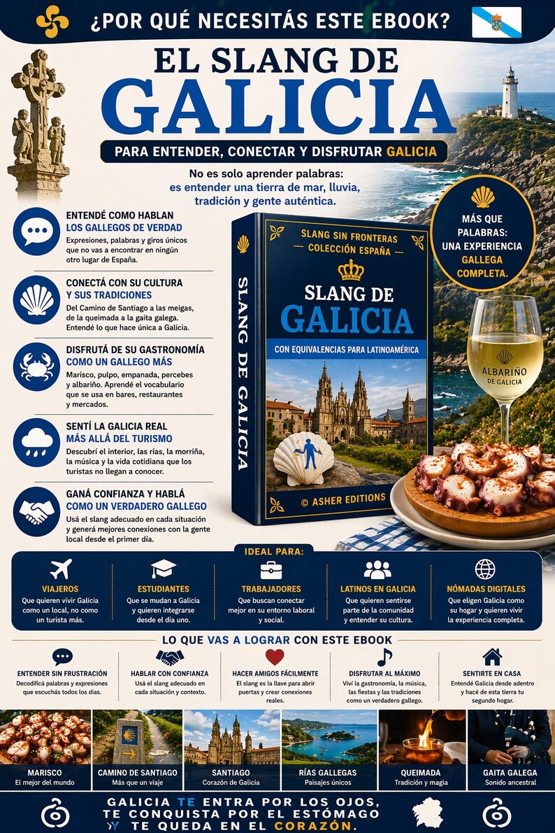 May include: An ebook cover titled "El Slang de Galicia" with a blue and gold design. It features a book, a glass of wine, and a plate of octopus. The text promotes understanding Galician culture.