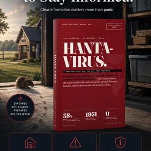 Puede incluir: Un libro rojo titulado "HANTA-VIRUS" con texto blanco, que detalla informaci&oacute;n sobre el virus. La imagen incluye texto sobre la propagaci&oacute;n y prevenci&oacute;n del virus, con gr&aacute;ficos y una casa en el fondo.