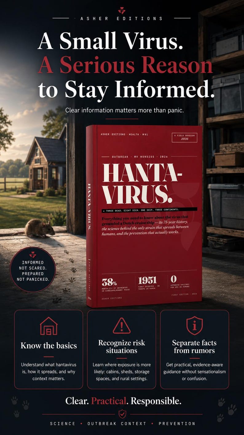 Puede incluir: Un libro rojo titulado "HANTA-VIRUS" con texto blanco, que detalla informaci&oacute;n sobre el virus. La imagen incluye texto sobre la propagaci&oacute;n y prevenci&oacute;n del virus, con gr&aacute;ficos y una casa en el fondo.
