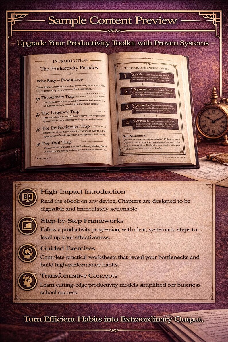 Puede incluir: Un libro abierto con texto sobre productividad, con secciones sobre la paradoja de la productividad y la trampa de la urgencia. Un reloj dorado es visible. El libro promete mejorar su kit de herramientas de productividad.