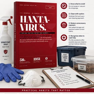 Puede incluir: Infograf&iacute;a educativa titulada "Concienciaci&oacute;n sobre seguridad pr&aacute;ctica" con informaci&oacute;n sobre el Hanta-Virus. Incluye un libro rojo, spray desinfectante y una lista de verificaci&oacute;n del protocolo de limpieza. La infograf&iacute;a proporciona orientaci&oacute;n sobre medidas de seguridad.